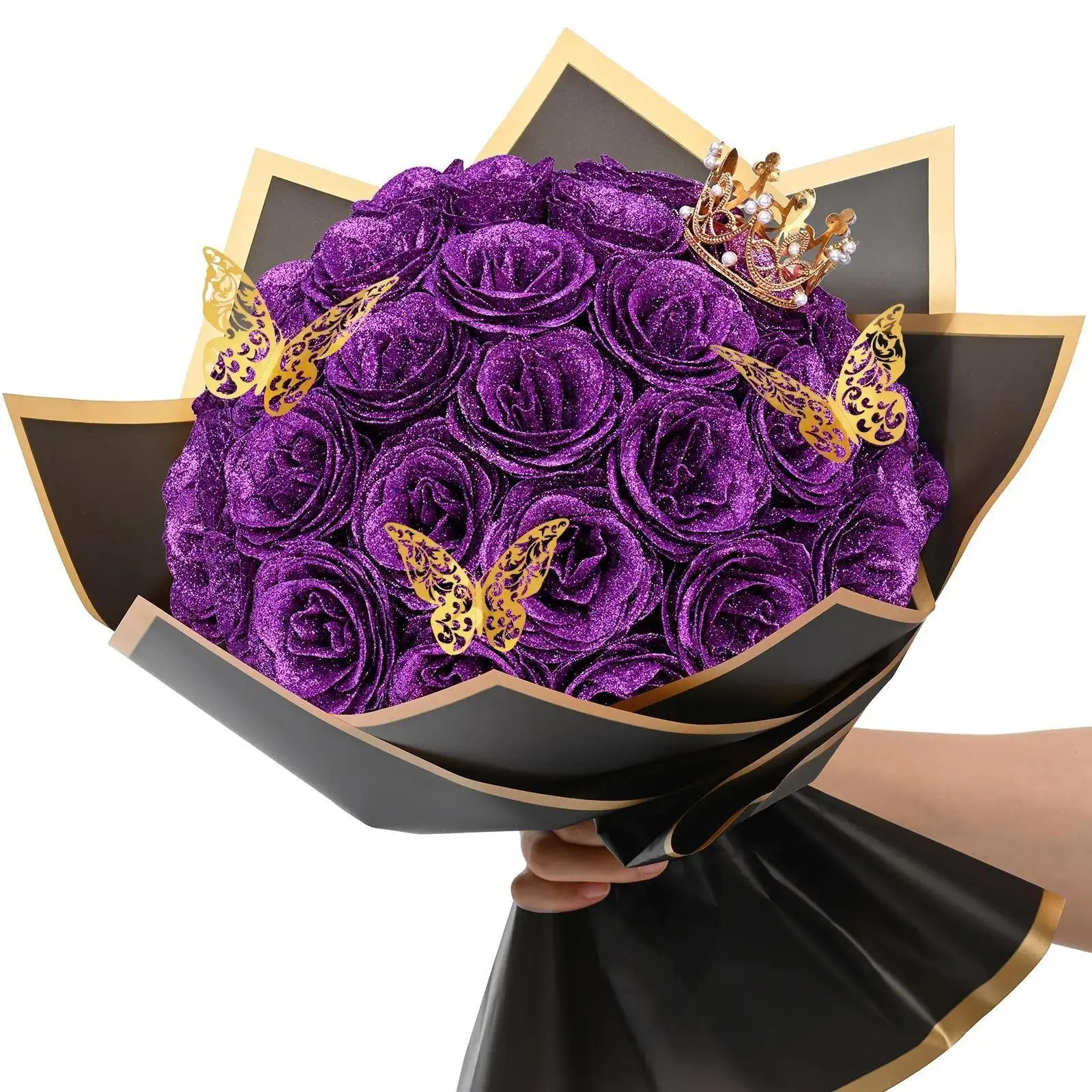 24/36 DIY Sparkling Rose Bundle Set with 3D Butterfly Crown and Ribbon, Suitable for Girlfriend, Wife, Mom, Friend, Female Gift, Perfect for Valentine's Day, Birthday, Engagement, Wedding Anniversary, Graduation