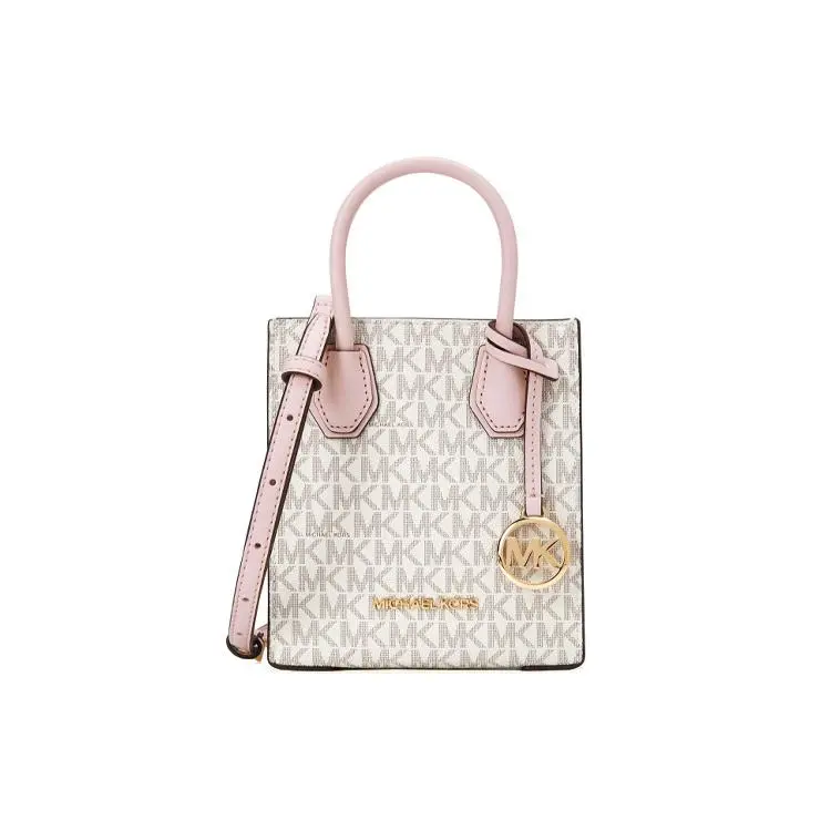 Women's Michael Kors MK Mercer Monogram Print Tote Bag - Vanilla White & Sakura Pink, Light-Colored Modernist Reusable Commuter-Style Vegan Leather Handbag, Light-Colored Women's Handbags, Modernist Women's Handbags