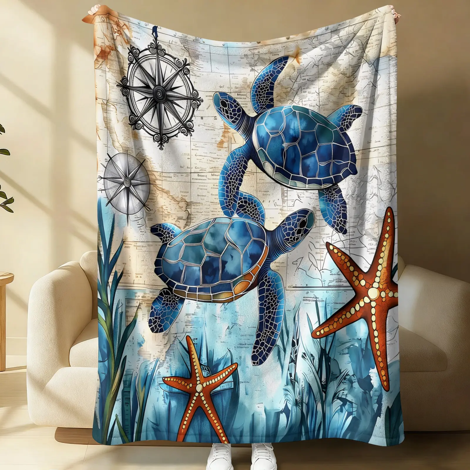 Vintage Nautical Sea Turtle Starfish Map Flannel Blanket, Ocean Compass Pattern Throw Blanket, Soft Cozy Warm Blanket for Sofa Bed Beach Travel, Coastal Ocean Themed Decor Gift Blanket for Adults & Ocean Lovers