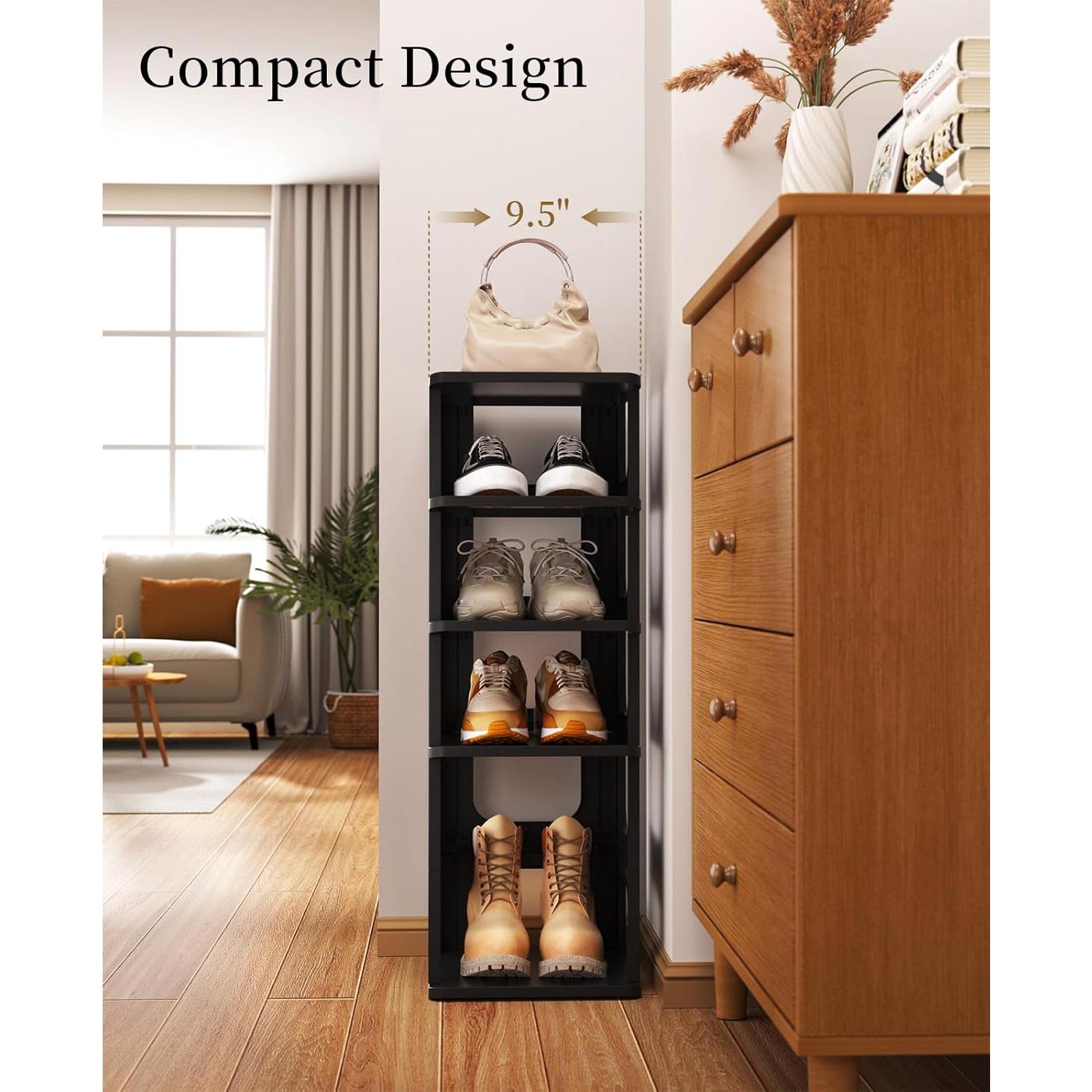 Adjustable 10 Tier Shoe Organizer - Narrow Plastic Vertical Shoe Rack for Closet, Entryway, Boots - Stackable Shoe Cabinet