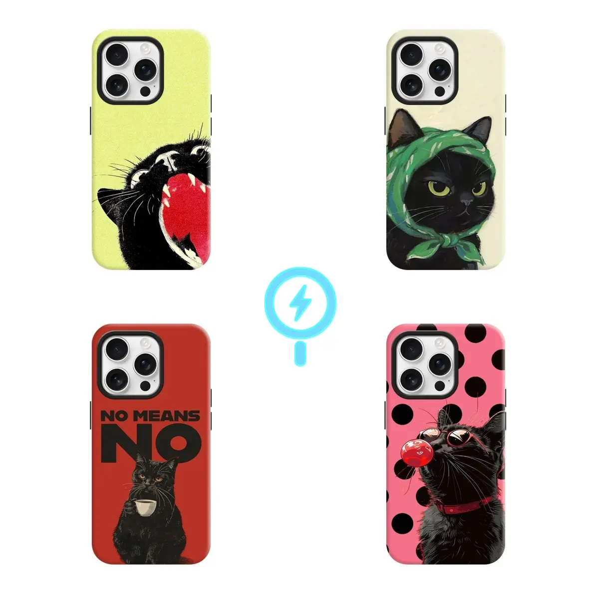 Cute and Unique Black Cat Design MagSafe Compatible Splicing Shockproof Phone 2-in-1 Hard PC + Soft Silicone Dual Layer Cover Elegant Anti-Slip Anti-Yellowing Protective Case For iPhone