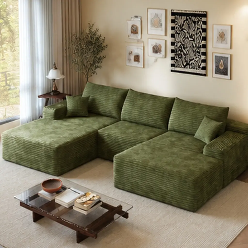 ARCH 107" Cloud U-Shaped Sectional Sofa with Ottoman - Minimalist Modern Upholstered Deep Seat Furniture, Plush Corduroy Fabric, No Assembly, Multiple Seats, Green, 68.20"w x107.00"d x27.80"-37.80"h, 124.60 lb/151.10 lb, for Living Room/Bedroom, Living Ro
