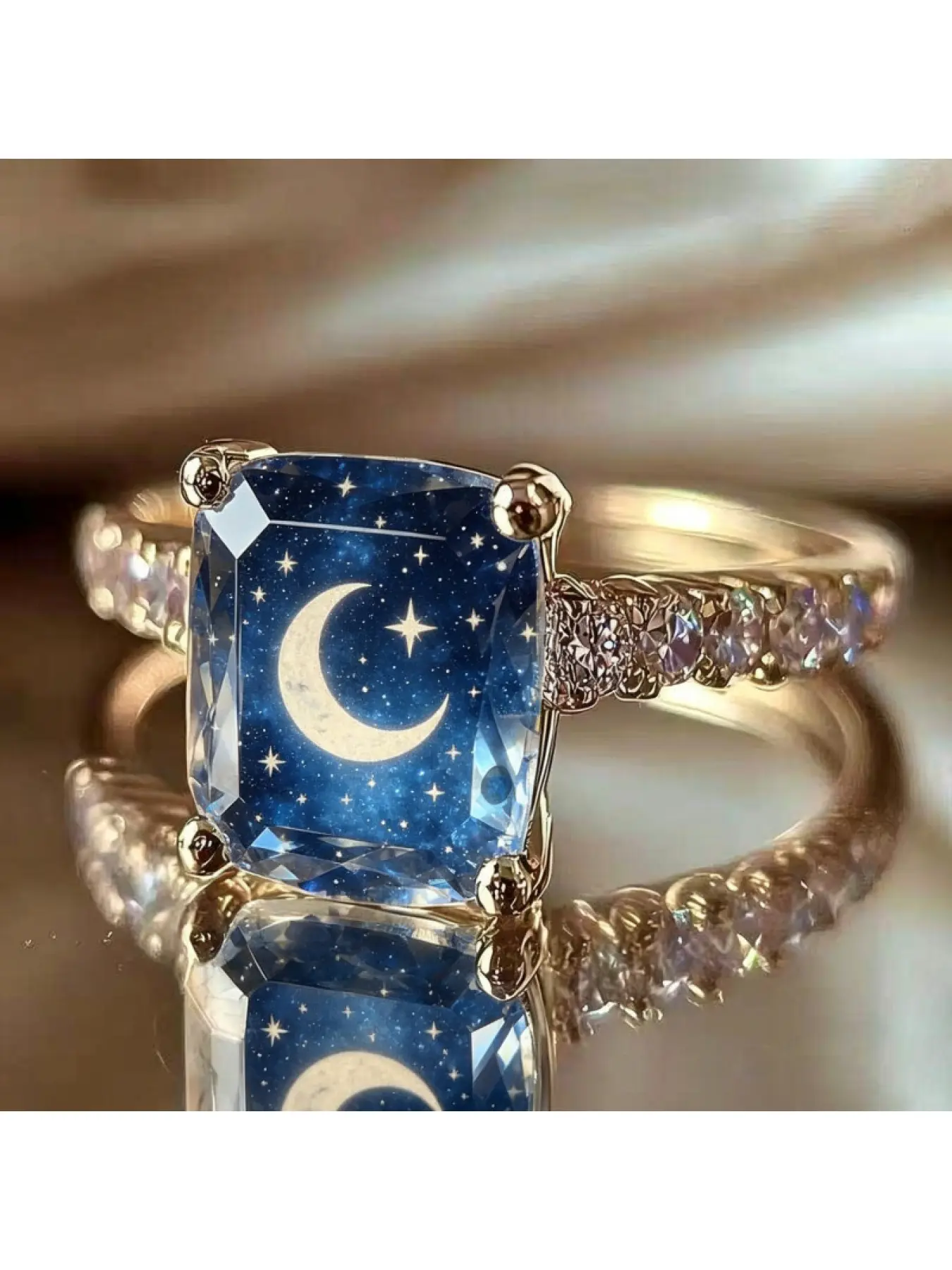 Dark blue star-shaped ring with a pattern of stars and moons. A unique design ring featuring a celestial night sky theme. A charming and elegant accessory that suits various styles, Fashion Rings, Jewelry Rings