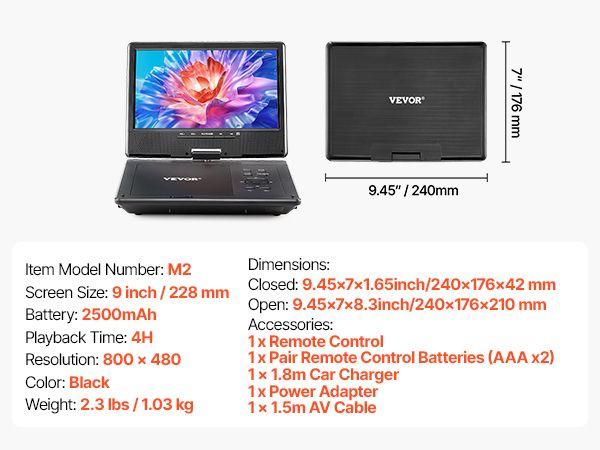 VEVOR Portable DVD Player 9 in HD Swivel Screen 4 Hours-in Battery