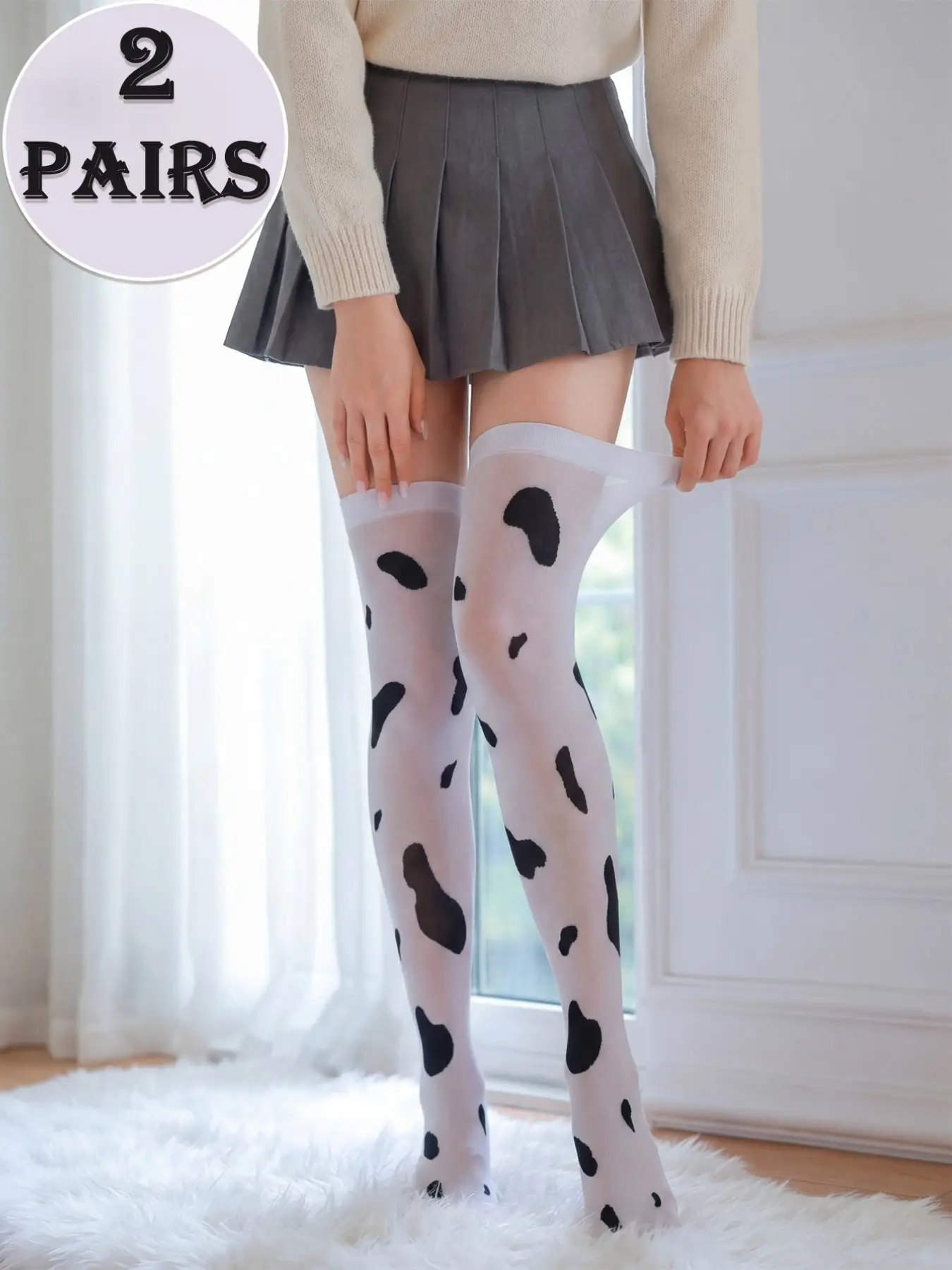 2 Pairs Thin Stretch Thigh High Socks for All Seasons, White Cow Animal Print Cute Over-the-Knee Socks for Daily Campus Wear