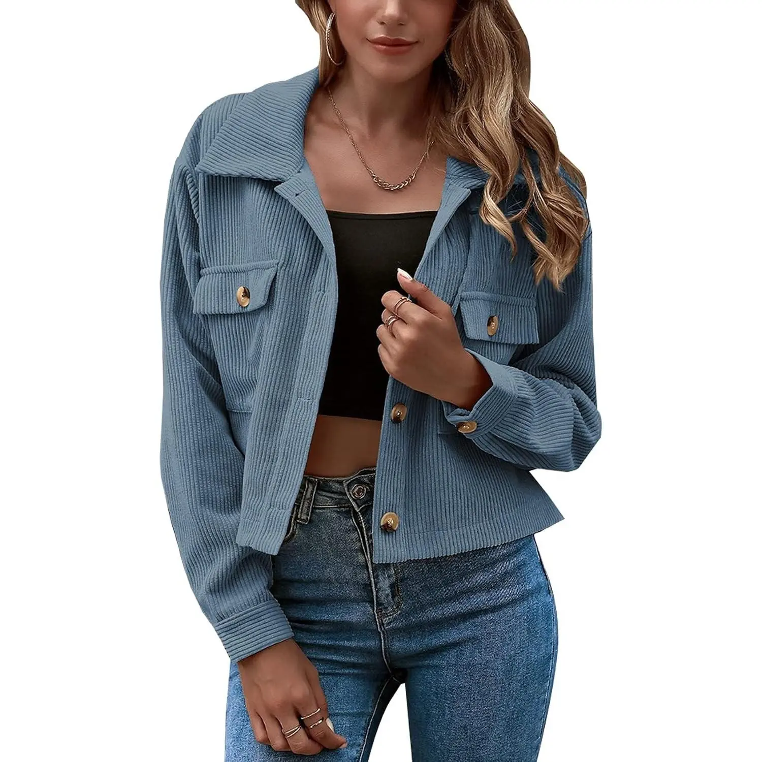 Women's Fashion Cropped Shacket Button Down Corduroy Shacket Jackets Casual Plaid Long Sleeve Crop Jackets Tops