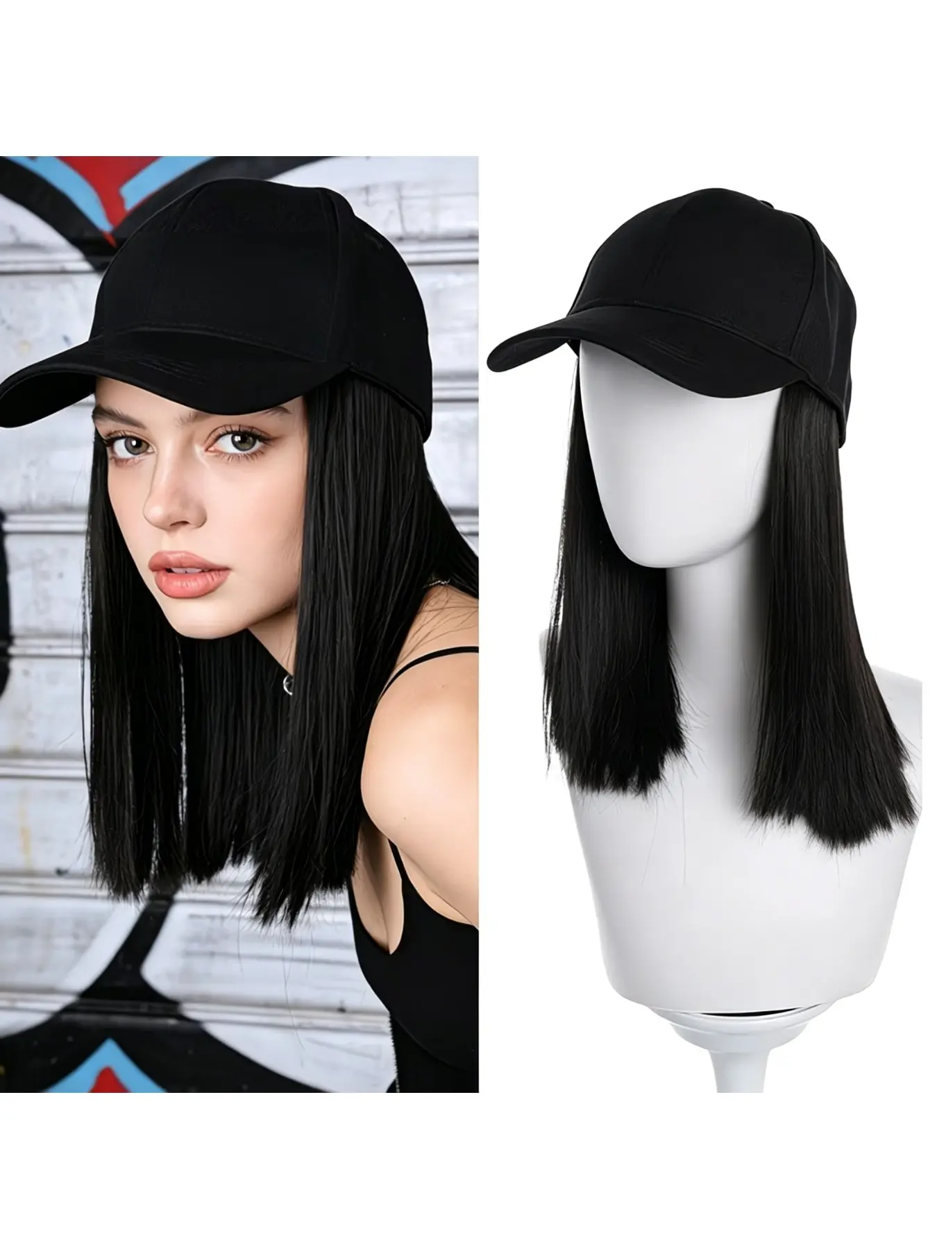 14-inch baseball cap with wig, medium-length straight hair wig with adjustable hat, made of synthetic hair, suitable for daily wear, photos, Photography, and outdoor outings for women