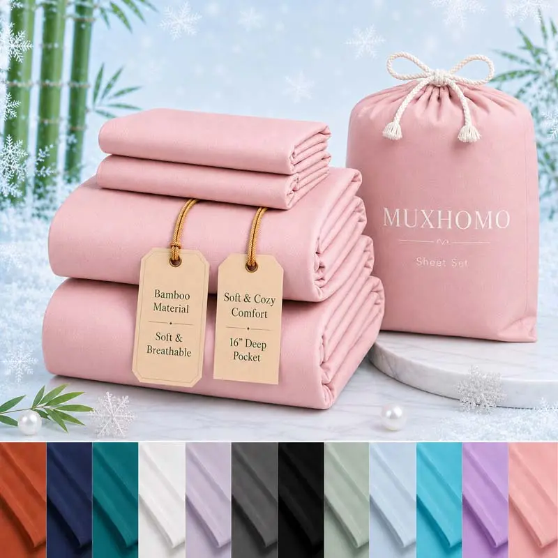 MUXHOMO 3/4 Pcs Bamboo Cooling Sheet Set, Soft Breathable Bed Sheets with 16-Inch Deep Pocket, Includes Fitted Sheet, Flat Sheet and Pillowcases, Moisture-Wicking Easy-Care Bedding for Hot Sleepers, Kids Room and Everyday Bedroom Use for Children