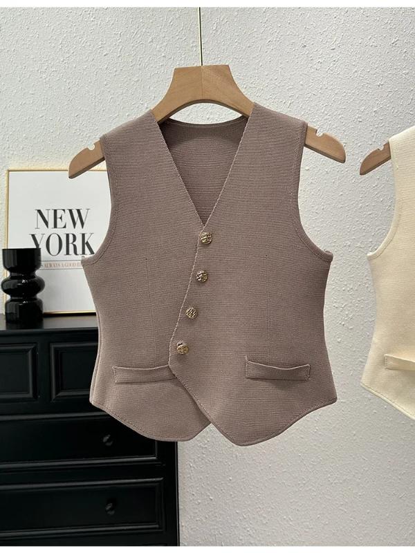 Aria Muse  2026 Summer Female Fashion Solid Single Breasted Tank Tops Knitted V-Neck Sleeveless Slim Women Vest