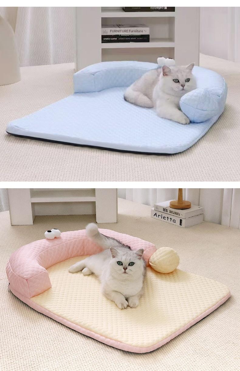 Cooling Cat Bed with Pillow, Breathable Ice Silk Pet Sofa for Indoor Cats, Orthopedic Support Dog Bed with Cute Cartoon Design, Washable Summer Pet Mat for Kitten Puppy
