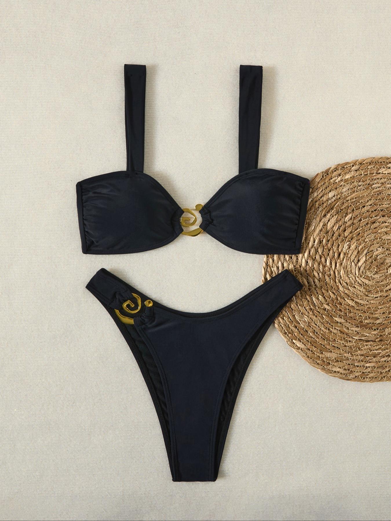 Two-piece Set Women's Solid Color Irregular-Shaped Metal Decor Bikini Set, High Stretch Casual Fashion Chic Tie Back Backless Swim Top & High Cut Swim Bottom for Beach Holiday Vacation, Ladies Swimwear for All Seasons, Tie Back Bikinis