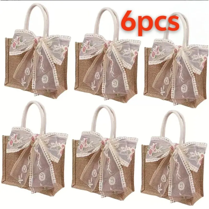 6pcs country wind linen handbag with lace ribbon-fabric wedding handbag suitable for bridesmaid's gifts, wedding accessories, Christmas and bride's gifts, movable handbag with strong handle.