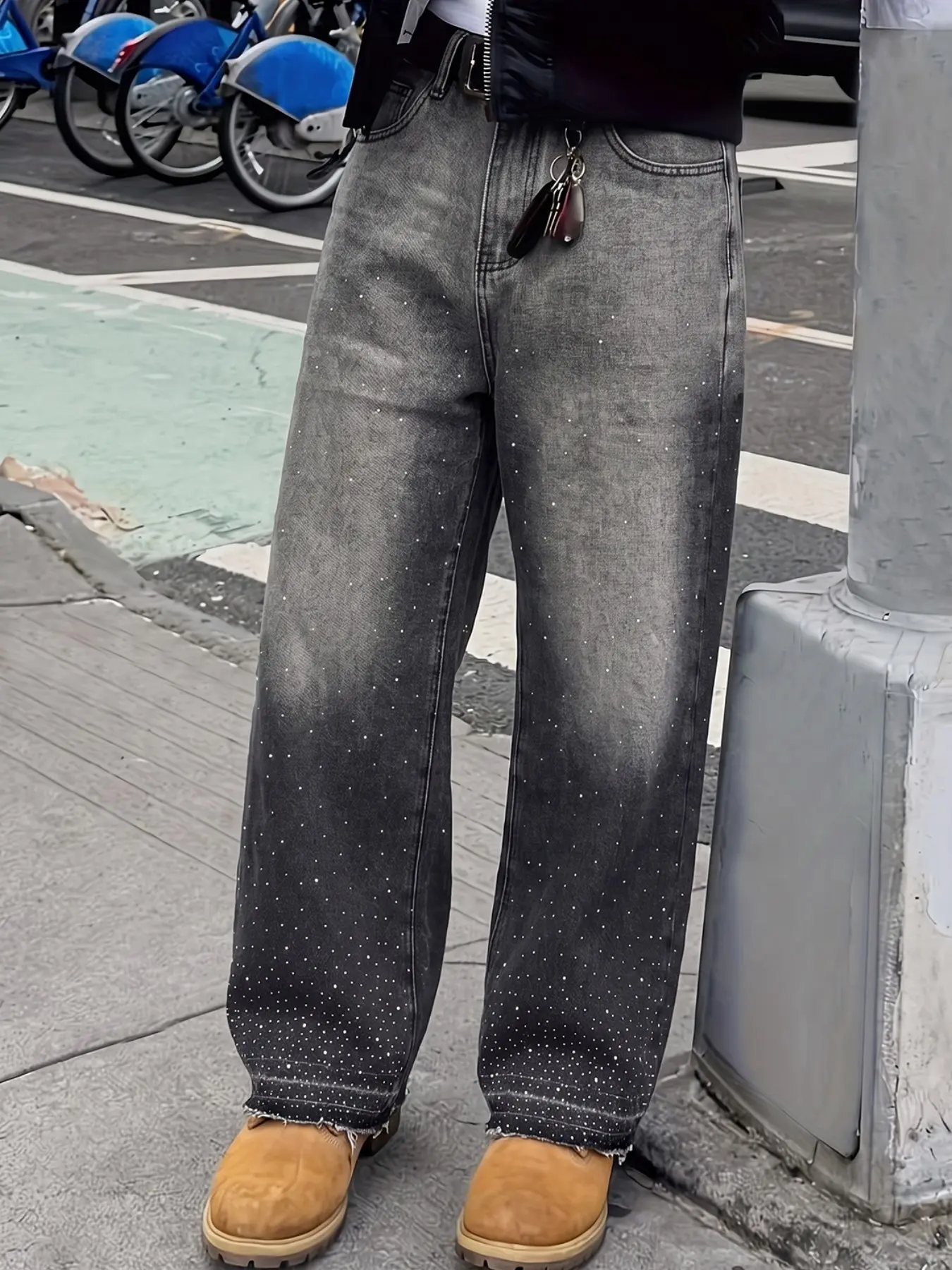Men's Gradient Washed Rhinestone Wide Leg Jeans, European High Street Colorblock Tie Dye Loose Fit Straight Leg Pants, All Seasons