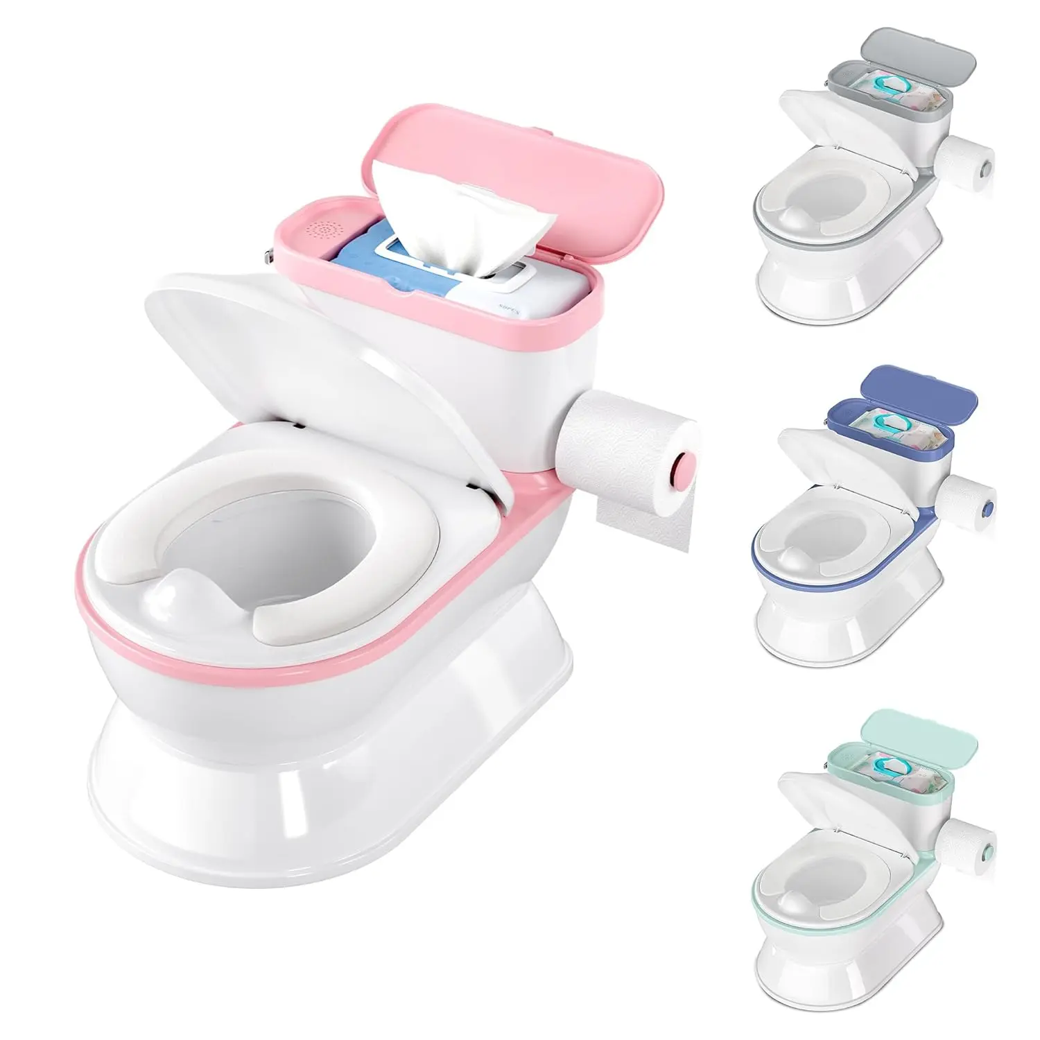 2-in-1 Toddler Potty Training Toilet - Larger Chair with Detachable Seat, Flushing Sound, Wipes Storage, Toilet Paper Holder for 1-2 Years Boys & Girls, Prop 65 Safe, Pink