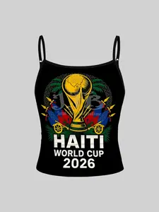 1Pc Black Haiti 2026 World Cup Trophy Emblem Print Girls Crop Cami Adjustable Spaghetti Strap Sporty Fan Kids Summer Football Game Day Tank Top