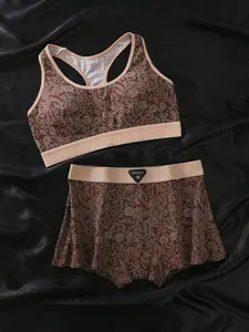 Biweier Vintage Rose Print Cotton Lingerie Set, Soft Skin-Friendly, Detachable Pads, Ideal for Women's Casual Sports and Home Commute