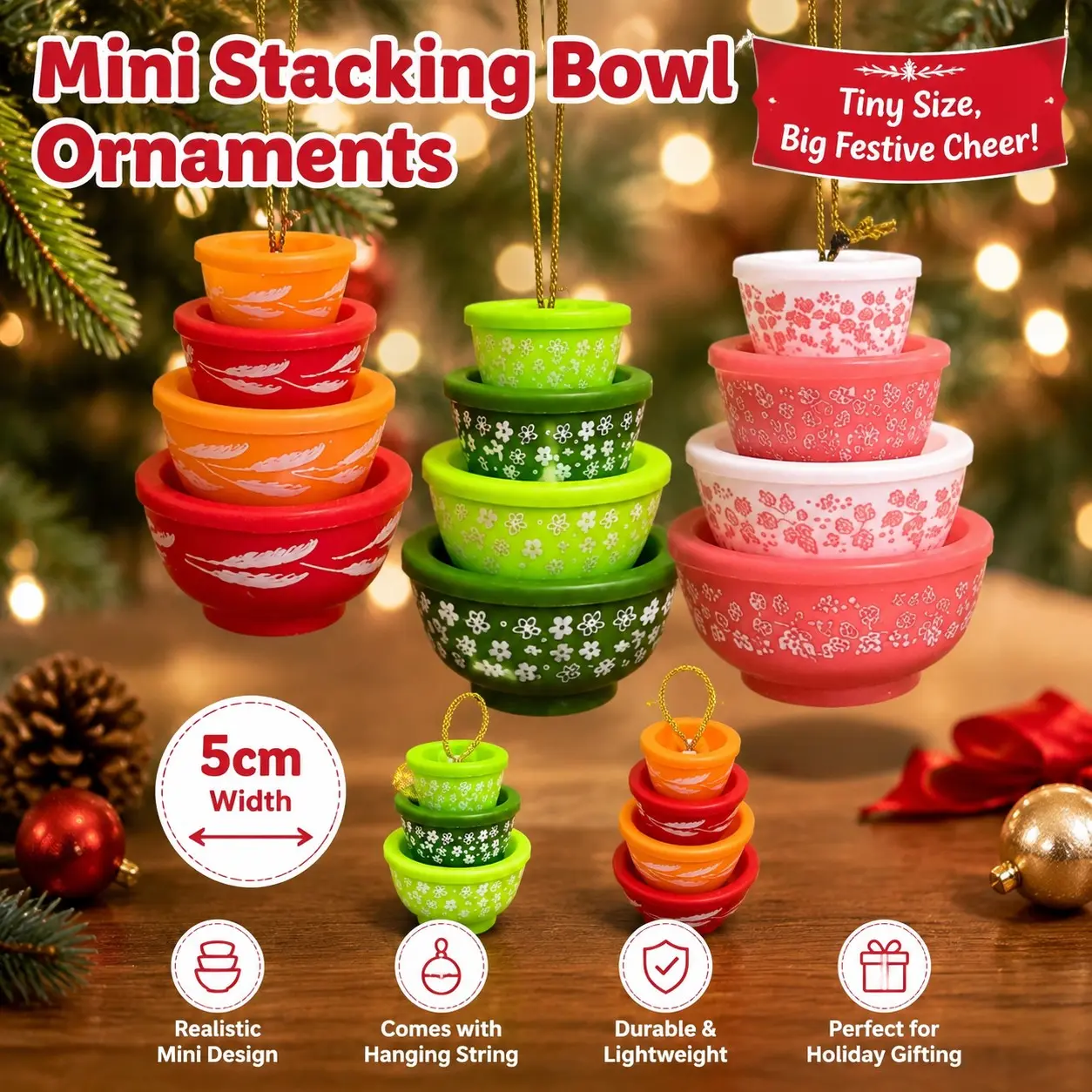 Miniature Bowl Stack Ornament, Retro Kitchen Christmas Decor, Festive Holiday Decoration, Unique Gift Idea, Perfect for Home & Office