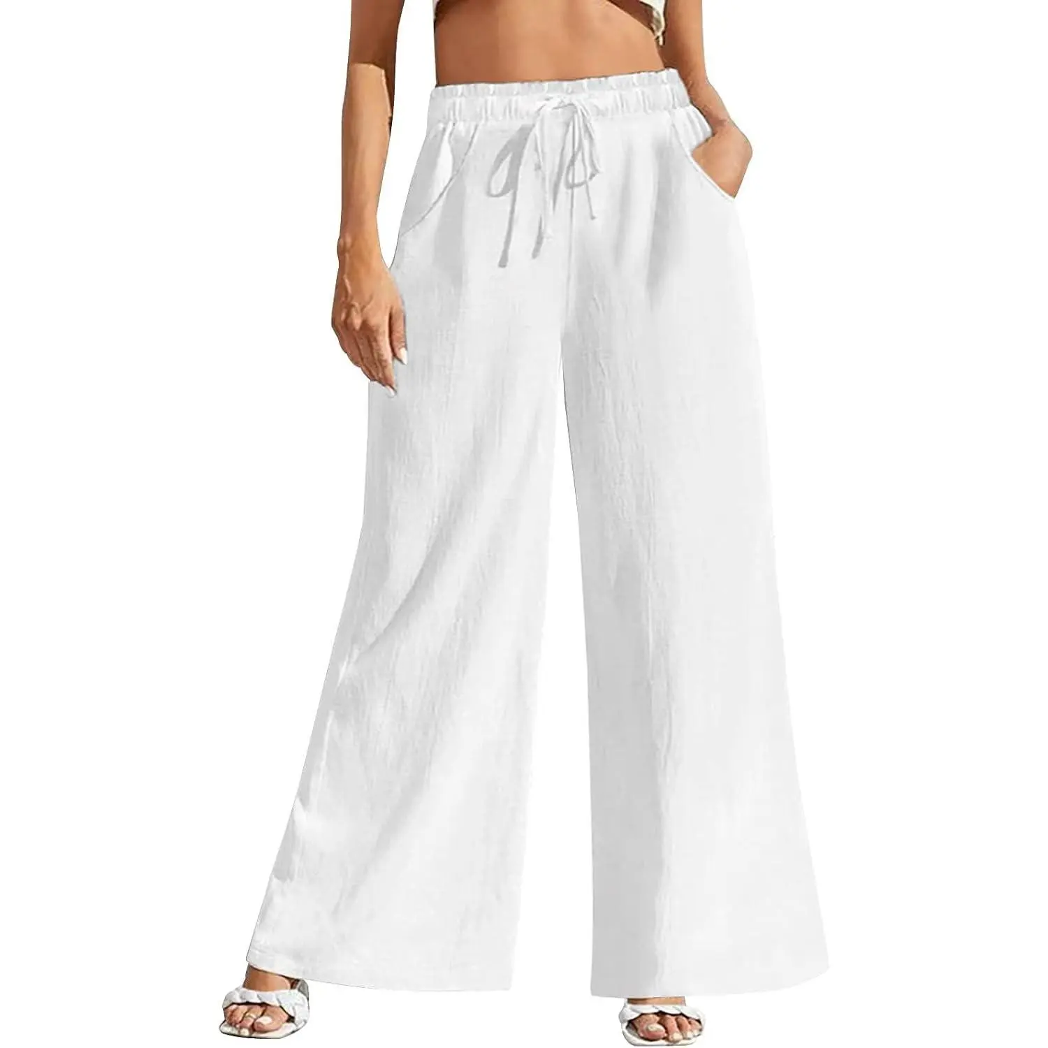 Women's High-Waisted Wide-Leg Linen Pants - Maternity, Outdoor, Beach Wear with Pockets, Chiffon-Blend Comfortable Summer Casual Trousers