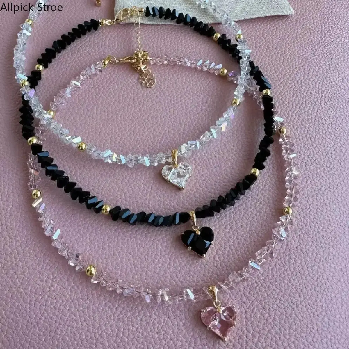 Heart Pendant Necklace for Women, Elegant Stainless Steel & Iridescent Crystal Bead Chain with Zircon Charm, Hypoallergenic Collarbone Jewelry for Daily Wear & Anniversary Gifting, Casual Chic