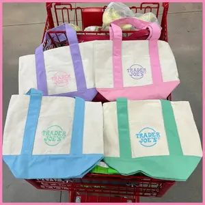 Trader Joe's Pastel Mini Canvas Tote Bags 2025 Seasonal LIMITED EDITION Set Of 4 Single-sided printing and letters