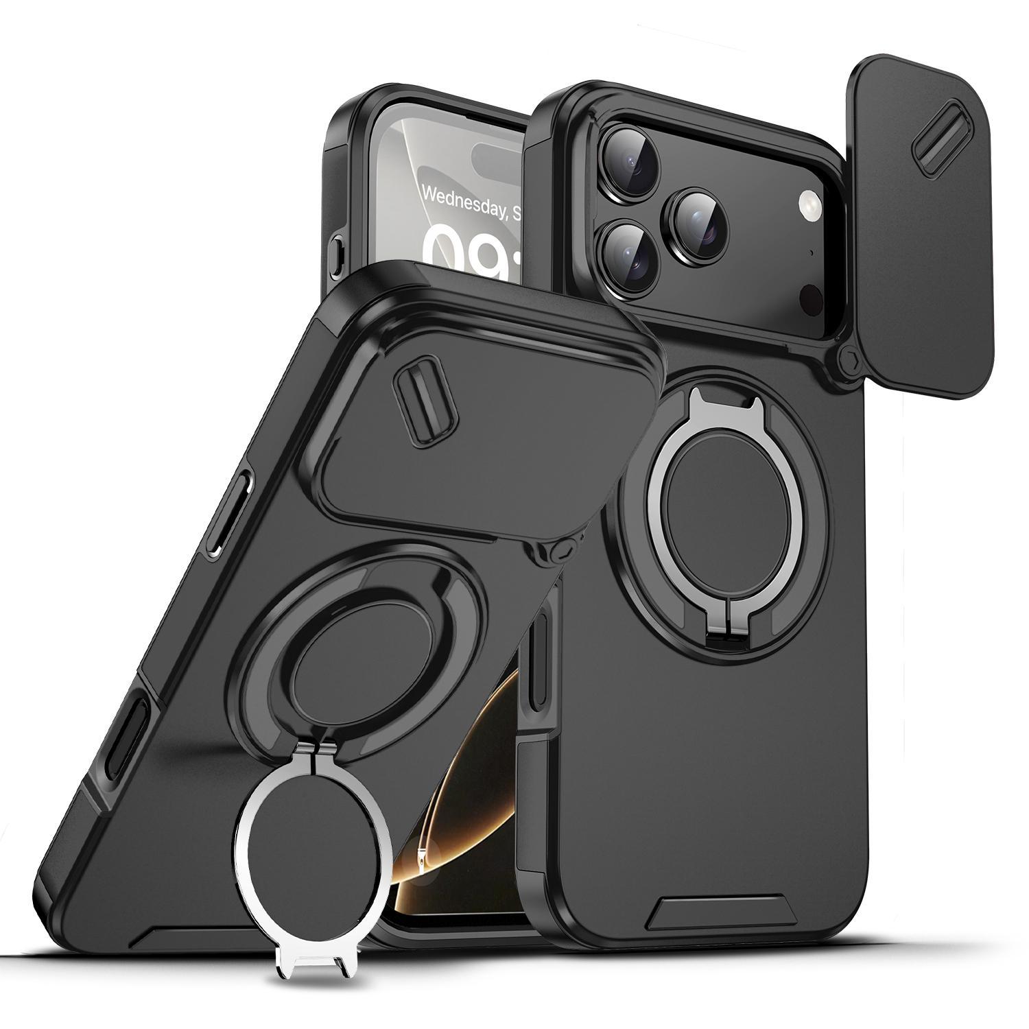 OREKROY Phone Case for iPhone 17 Pro Max, 17 Air, 17 Pro, 17, 16, 15, 14, 13, 12 - Slide Camera Lens Cover, Rotating Ring Holder Kickstand, Magnetic Car Mount Compatible