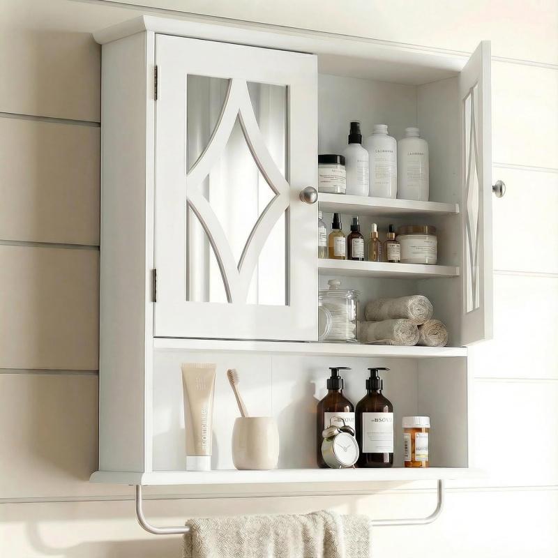 Bathroom Wall Cabinet with Mirror, Over the Toilet Storage Cabinet with Towel Rack and Adjustable Shelf, Large Bathroom Medicine Cabinet Wall Mount 22x25 inch (White