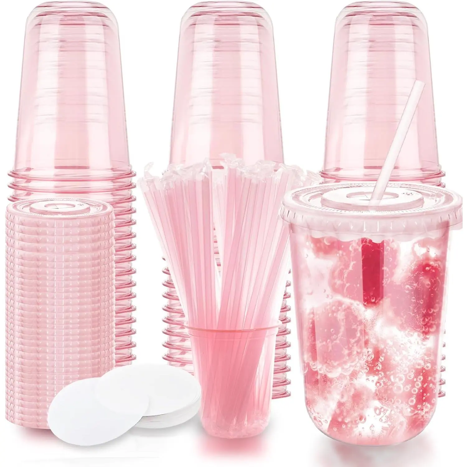 50-Pack Pink 16oz PET Disposable Stemless Cups (New Model) with Flat Lids and Straws, Plastic Partyware for Birthdays, Weddings (Baby & Maternity Party Supplies), Stemless Cup, Single Size