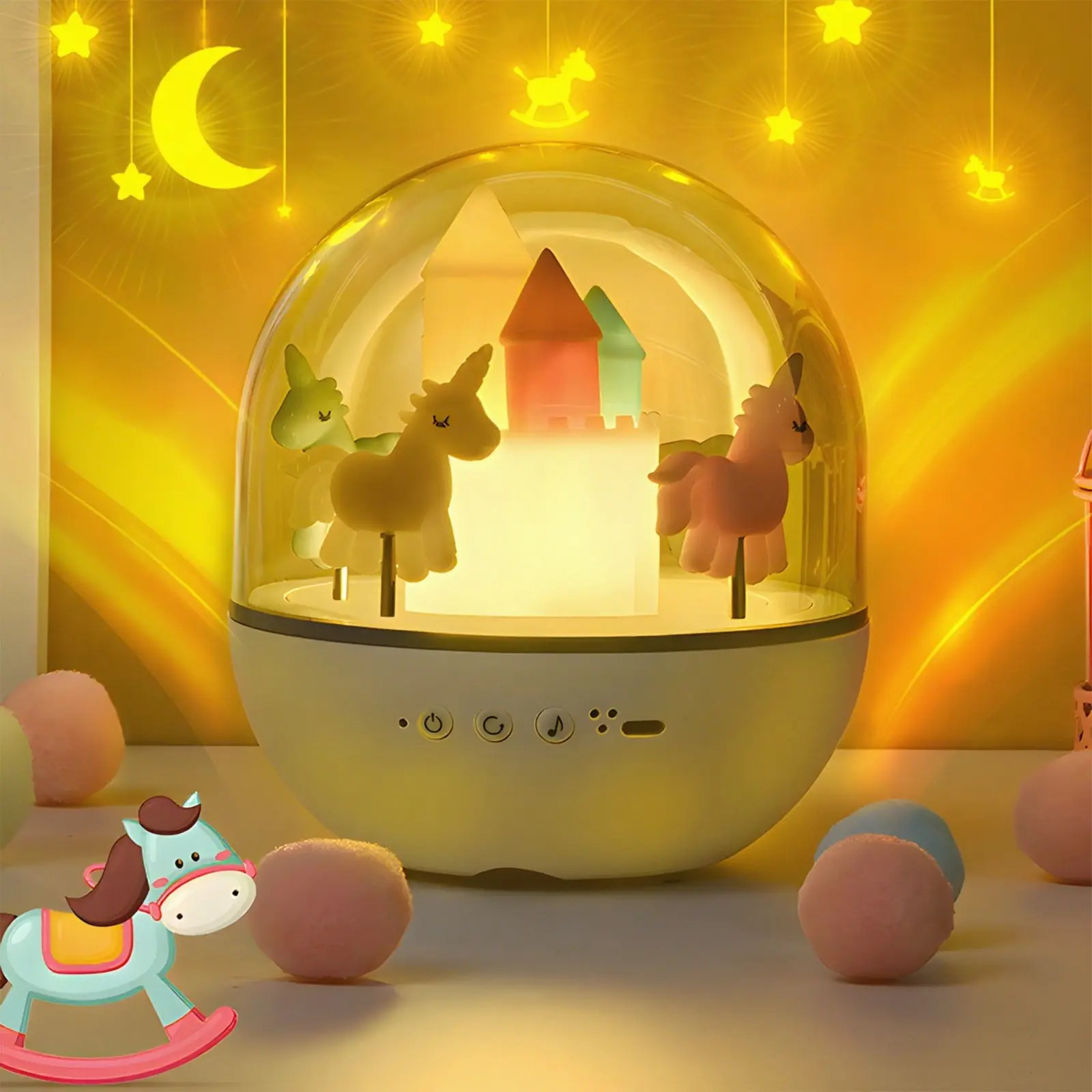 Rotating Carousel Night Light for Kids, 3 Color Dimmable LED, Plug-In/remote/Bluetooth-compatible, Rechargeable 4h Timer, Baby Bedroom Decor Gift