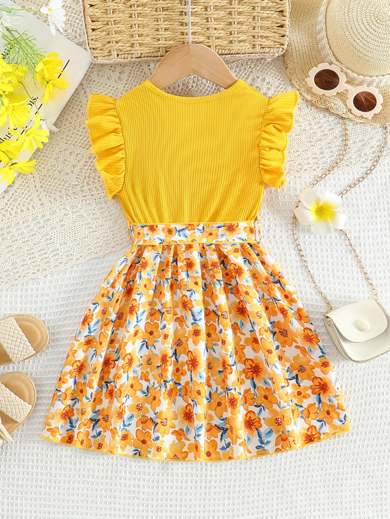 Girls' Patchwork Yellow Romantic Floral Print Dress with Belt, Elegant Princess Skirt Party and Evening Wear, Soft, Suitable