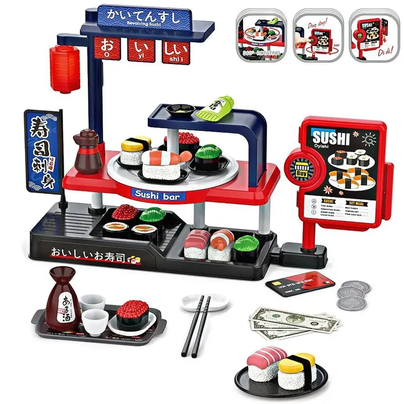 Kids Pretend Play Supermarket Vending Stand, Realistic Sushi Fake Food Kit, Swipe Card Scanner Cash Register, Light & Sound Interactive Grocery Counter, Grocery Store Playset, Role Play Shopping Game Toy for Boys Girls