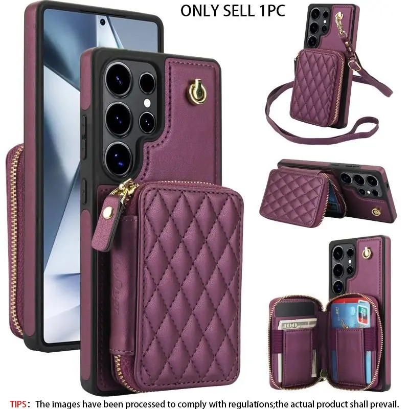 Fashion Zipper Protective Phone Case with Card Slot & Waistband, PU Leather Phone Case with Detachable Rope, Phone Cover Smartphone Casing, Phone Accessories for Samsung Galaxy S26 S25 Ultra S24 Ultra, Protector, Casing