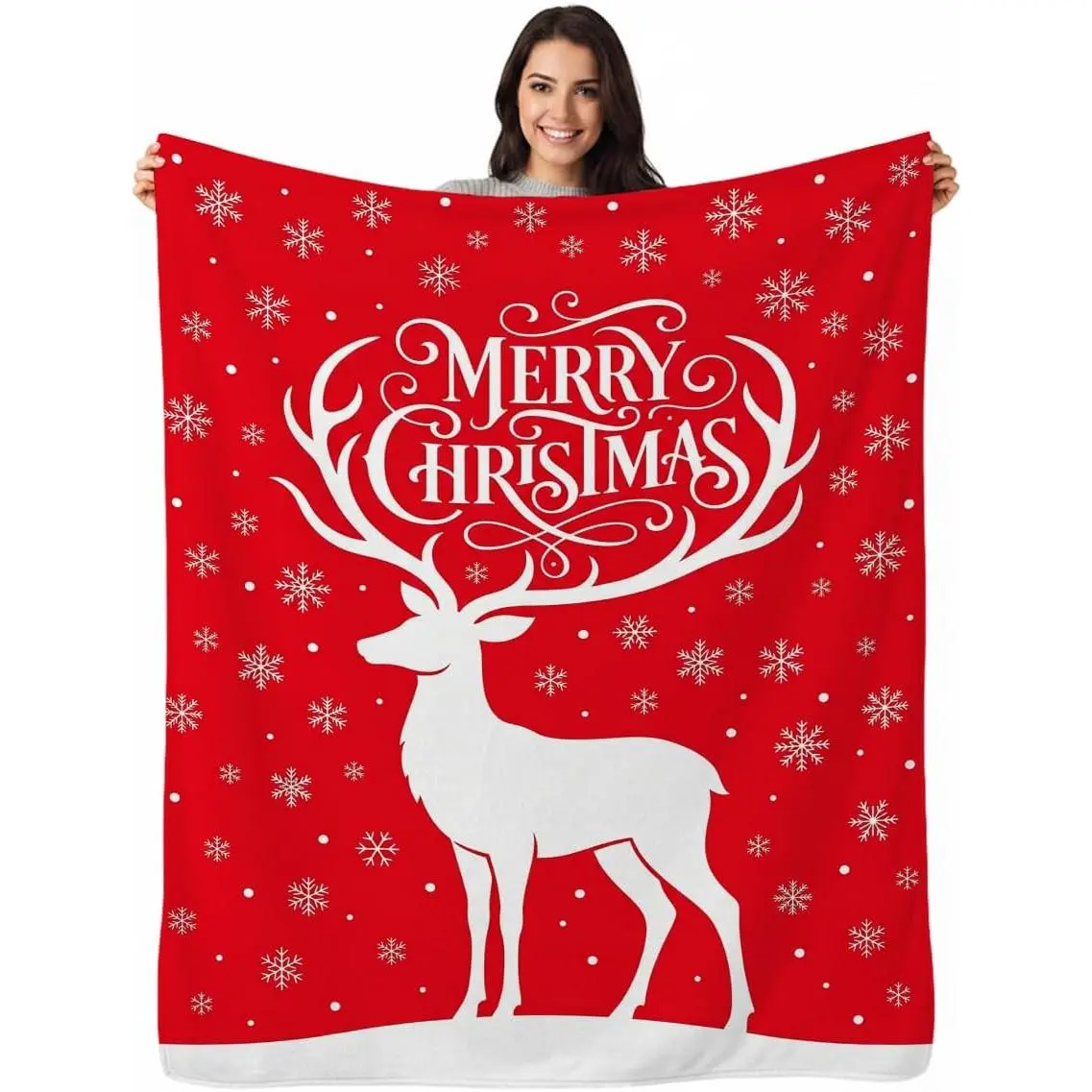 Red Christmas Reindeer Blanket, Soft Flannel Fleece Throw Red Christmas Reindeer Blanket Lightweight Decor for Living Room, Bedroom, Office and Travel, Home Decor Gift