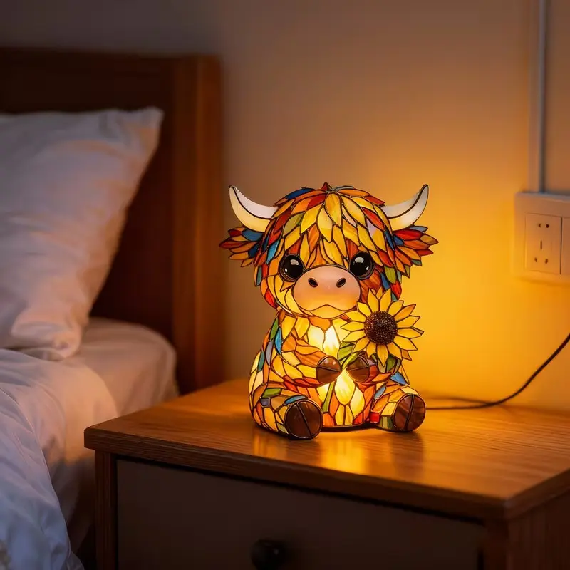 Cute Scottish Highland Cow Sunflower Night Light, Warm Tone Quirky Style, Desktop Lamp, Home Decor, Bedside Lamp, Perfect Gift for Animal Lovers
