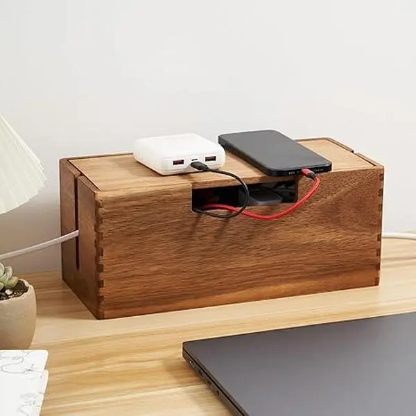 Durable Acacia Wood Cable Management Box with Secure Magnetic Lid - 12x5 in (12"l x 5"h) Rectangular Ventilated Cord Hider with Side Cable Slots, Minimalist Home Office Desk Organizer for Power Strip, TV Wires