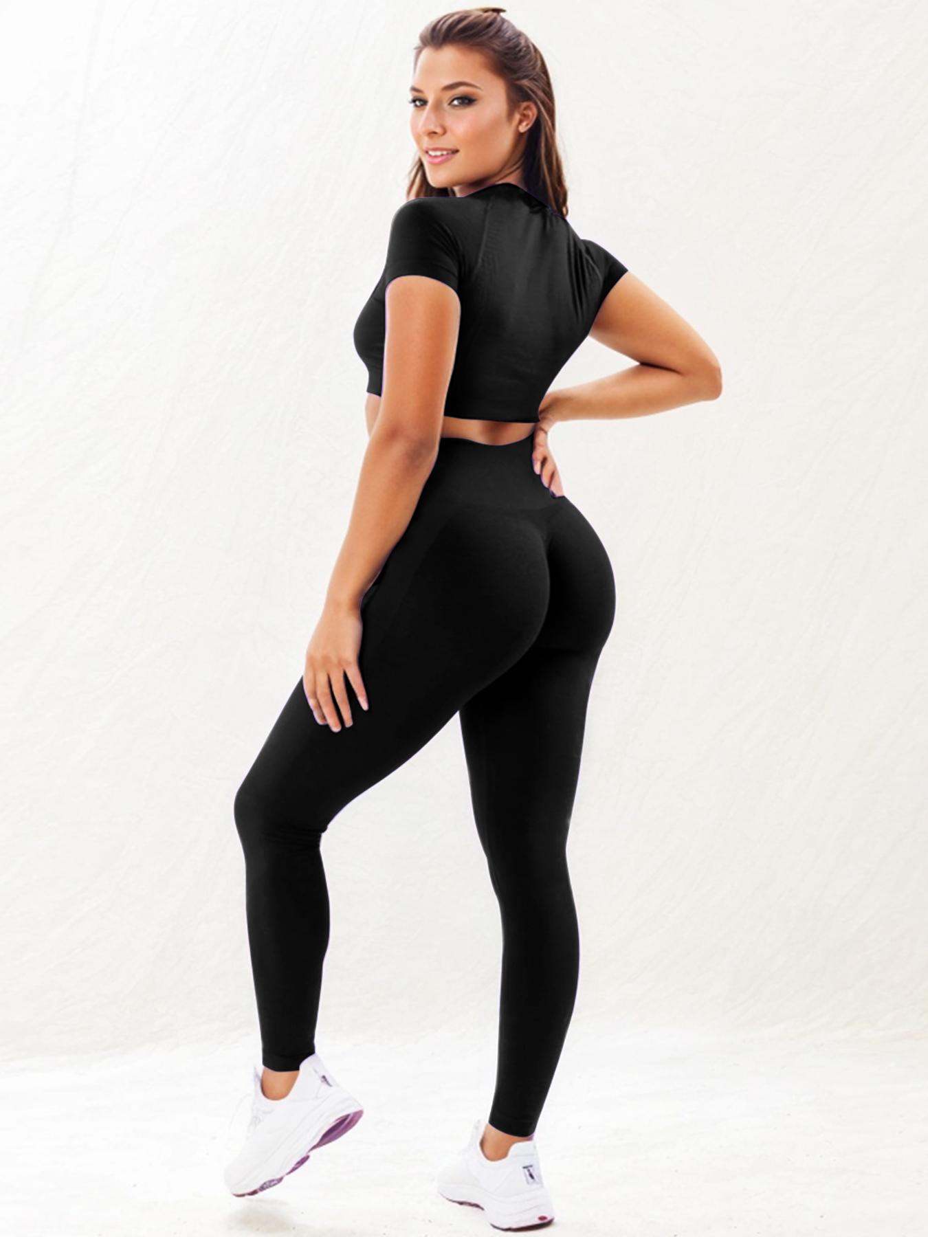 Two-Piece Set Women's Solid Crop Top & High Waist Leggings Tracksuit Set, Sporty Breathable Comfy for Yoga Gym Workout Running, Ladies Sportswear for All Seasons, Gym Workout Clothes