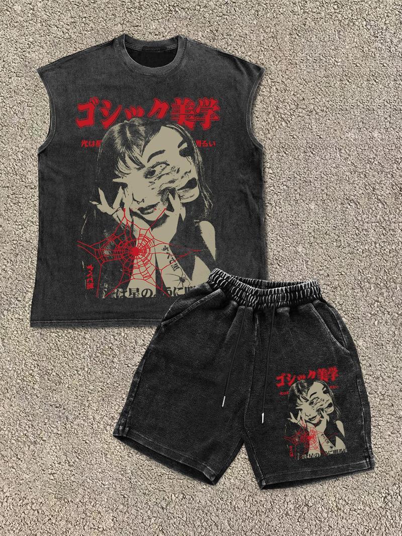 Men's Star & Letter Print Tank Top & Shorts Two-Piece Set, Regular Fit Casual Street Sleeveless Top & Shorts for Daily Wear, Men's Clothing for All Seasons, Cotton