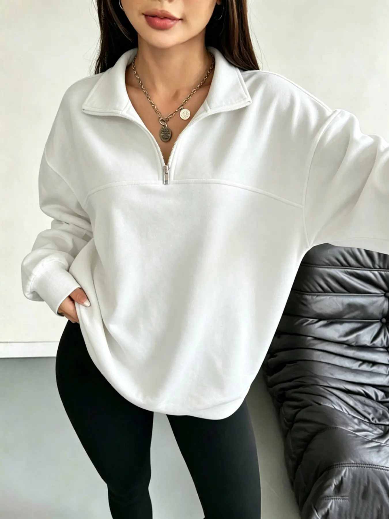 Women's Plain Collared Half-Zip Sweatshirt, Half Zip Up, Casual Loose-Fit Long Sleeve Top, Soft Street Style, Fall & Winter Fashion, Comfortable Everyday Daily Wear