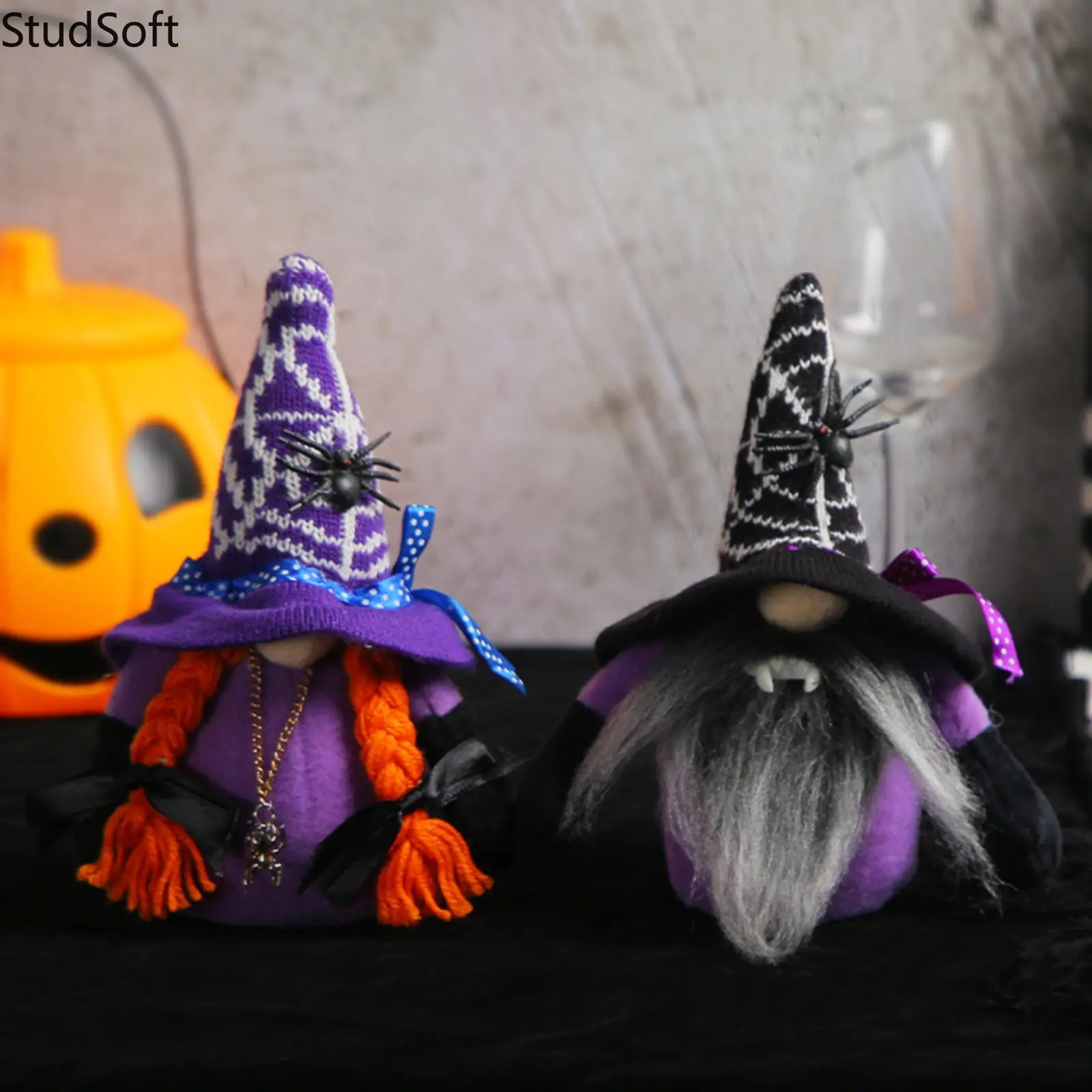 2-Piece Halloween Gnomes Plush Set - Cute Vampire Witch Gnome with Spiderweb Knit Hat, Faceless Swedish Tomte Dolls, Room Decor Ornaments, Gift for Kids, Decoration, Home, Two Piece Set