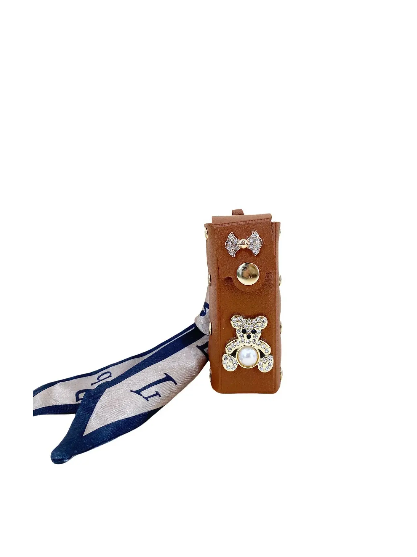 Cute Rhinestone Bear PU Lipstick Case Keychain, Elegant Silk Scarf Decor, Mini Lip Gloss Pouch, Snap Closure, 2 Colors, Girly Fashion Gift