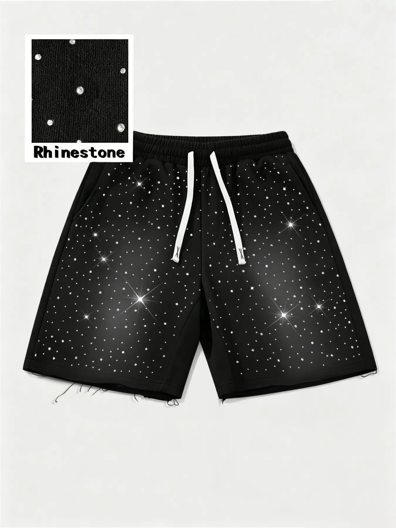 Men's Summer Casual Gym Shorts, Rhinestone Design, Drawstring Waist, Mid Waist, Knee Length, Perfect for Daily Outing and Outdoor Activities