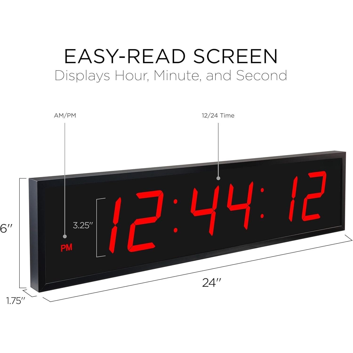 24" Large Digital LED Clock | Big Digital Clock w/Multi-Function Display - Stopwatch, Timer, Alarms, Temp & Date | 6 Brightness Levels, Time Memory & Remote (Red)
