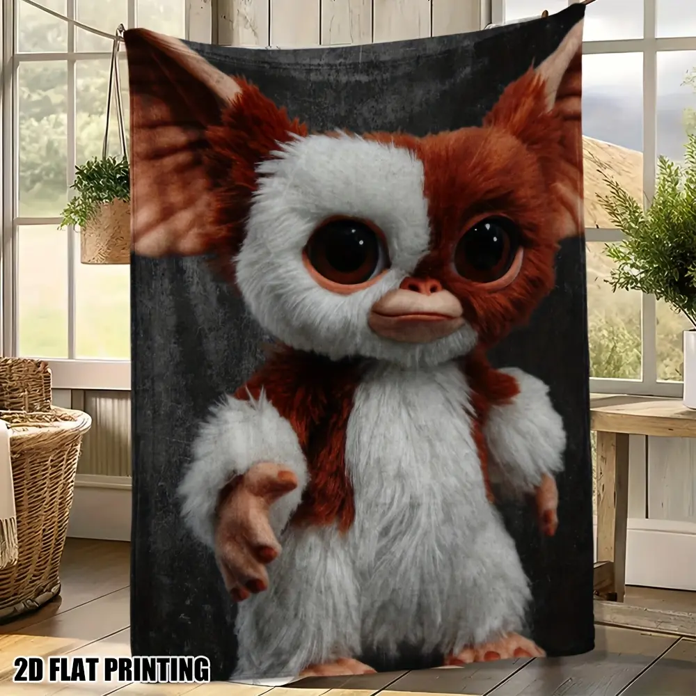 Cute Gizmo Gremlins Flannel Throw Blanket, Vintage Textured Dark Background Movie Character Blanket