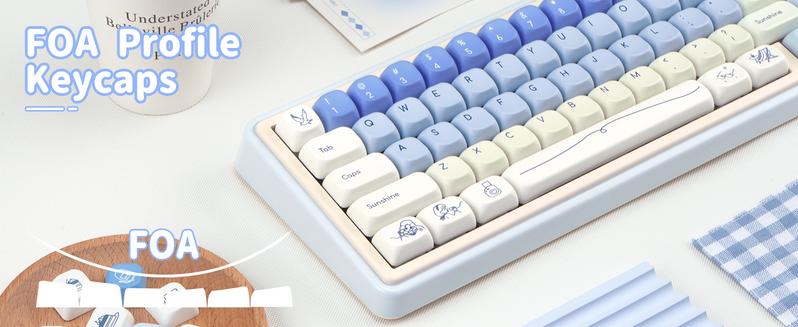 Blue White PBT Keycaps, MOA Profile, Custom Keyboard Keycap, Minimalist Style Dye Sub Keycaps, 130 Keys Anime Keycap Set for Cherry Gateron MX Switches Gaming Keyboard