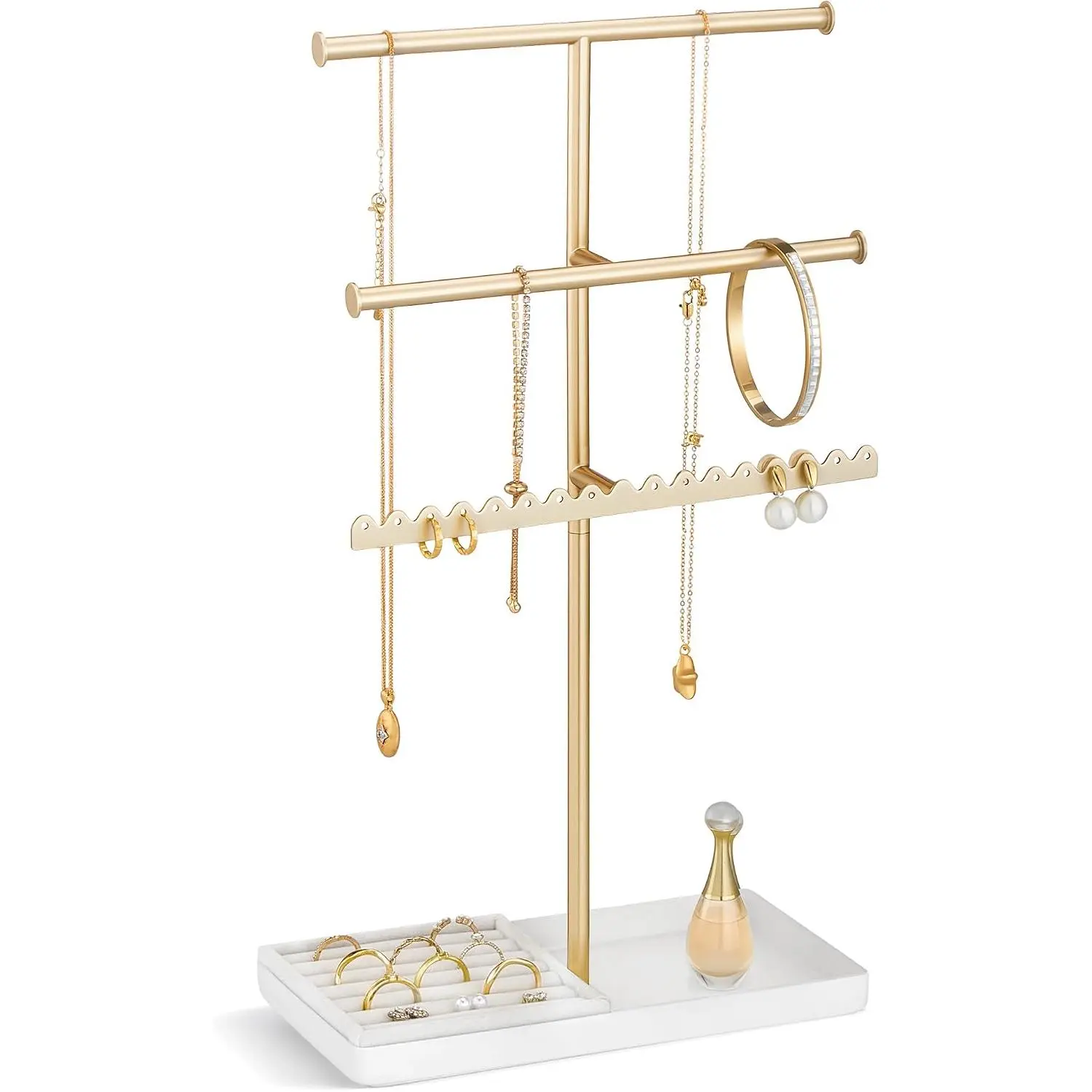 Women's Compact Durable Synthetic 3-Tier Metal Jewelry Organizer Stand with Elevated Rod - Modern Contemporary Bedroom Jewelry Display Rack for Necklace, Earring, Bracelet, Ring, Teen Gift Idea