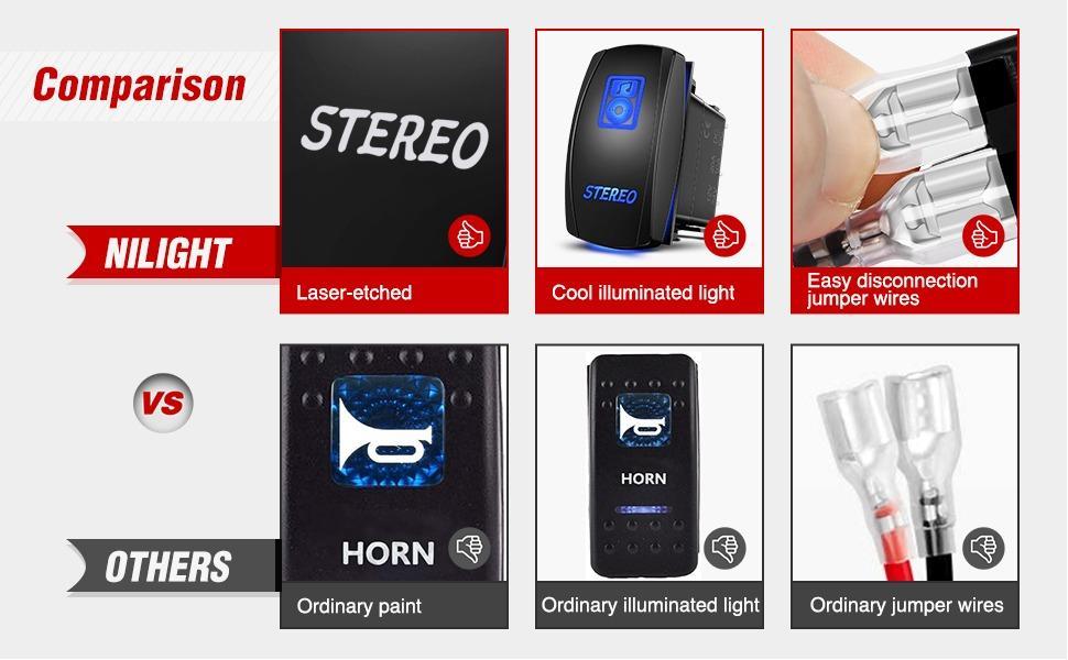 Nilight LED Light Bar Rocker Switch STEREO Rocker Switch 5 Pin Laser On/Off Switch 20A/12V 10A/24V Switch Jumper Wires Set (90006B)