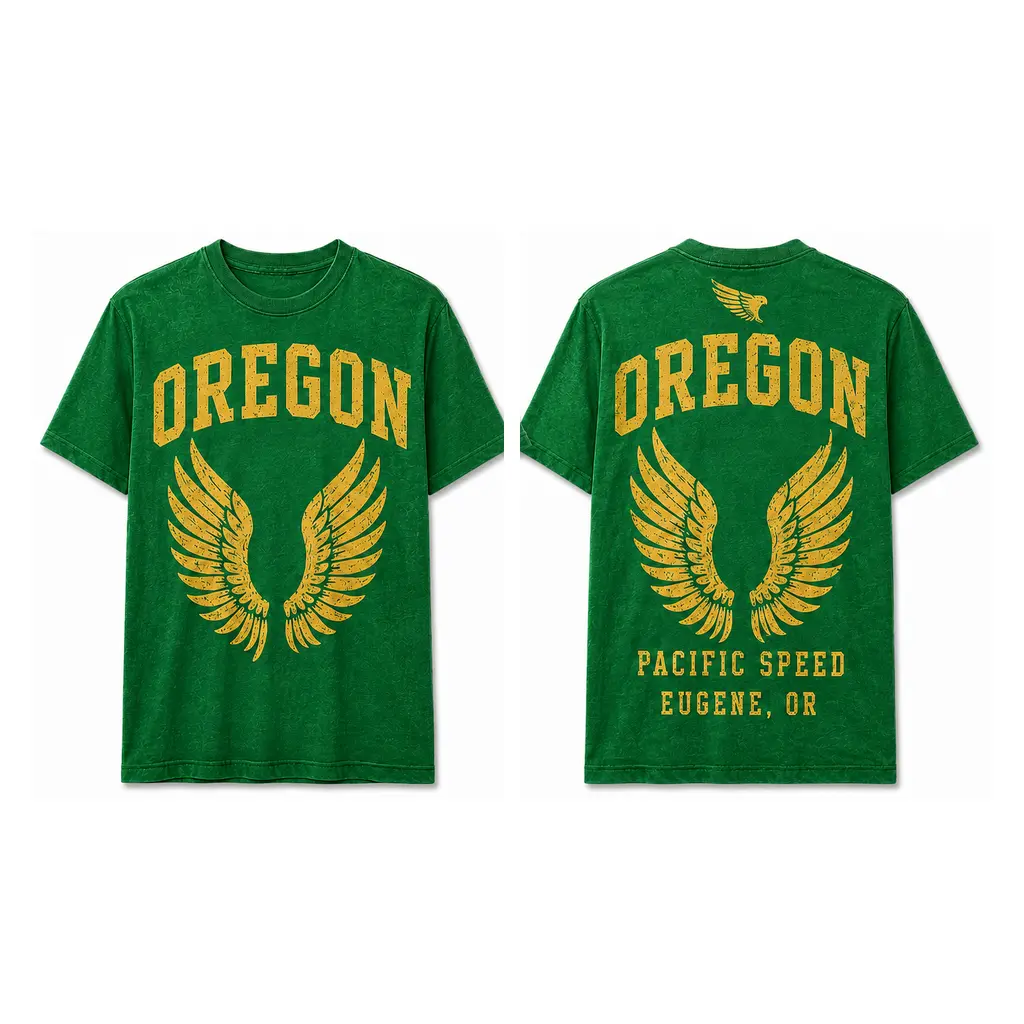 Oregon Wing Vintage Football Graphic Short-Sleeves Top - Green and Gold Game Day Wear, Twill Fabric Multi-Size Round Neck Crew Neck Tee with Front/Back Print