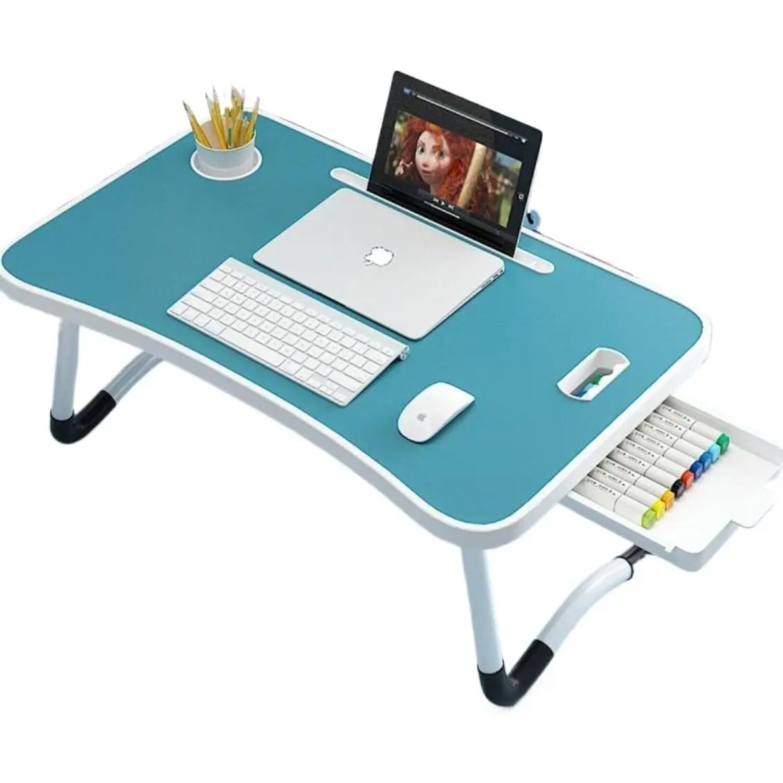 Lap Desk Folding Portable with Cup Holder, Tablet Slot Multifunctional Lightweight Bed Table for Kids, Adults Perfect for Working, Reading, Eating on Couch or Sofa