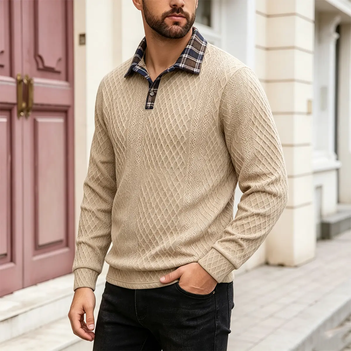 Men's Diamond Jacquard Knit Sweatshirt - Fitted Cut, Checkered Pattern, Contrasting Collar, Long-Sleeved, Half Buttons, Textured Casual Pullover, Polyester Blend, Machine Wash, Elegant Daily Commuting/Urban Streetwear Top