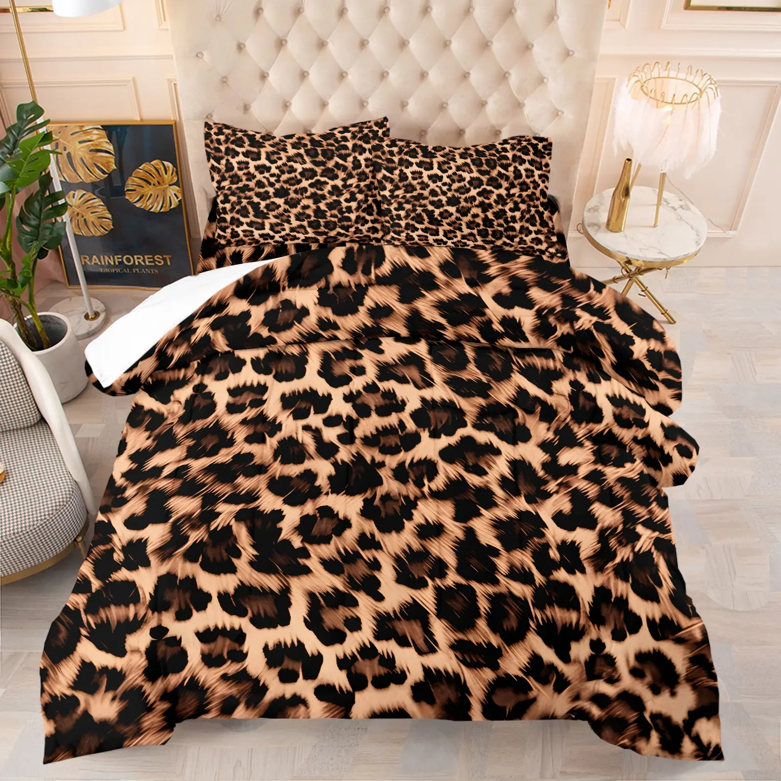 Classic Vintage Brown Leopard Print Quilted Comforter Set, 1 Comforter + 1/2 Pillowcasess, Soft Breathable Animal Pattern Bedding All Size, Retro Classic Leopard Spots Quilt for Bedroom, Dorm & Room Decor, Cozy Bedding Set
