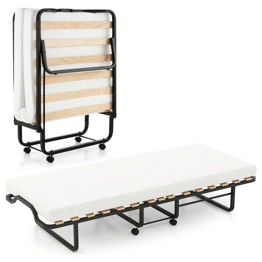 Folding Bed Cot Size W/ Mattress Roll Away Guest Bed Adult Space-Saving Fold-Up Bed Easy Storage
